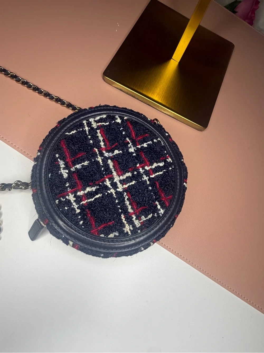 Chanel Filigree Round Clutch with Chain Tweed Navy Red Crossbody Bag